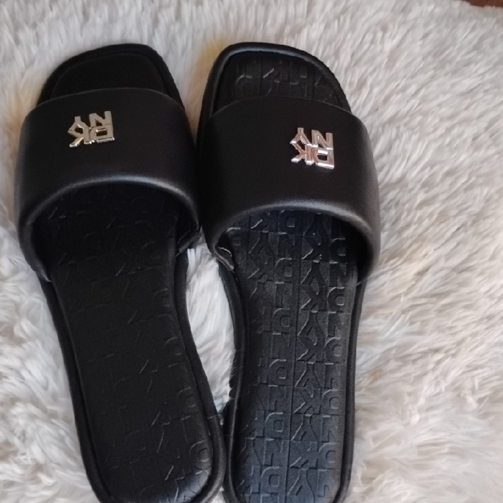DKNY Black Slide Sandals with Metallic Logo - Picture 2 of 8